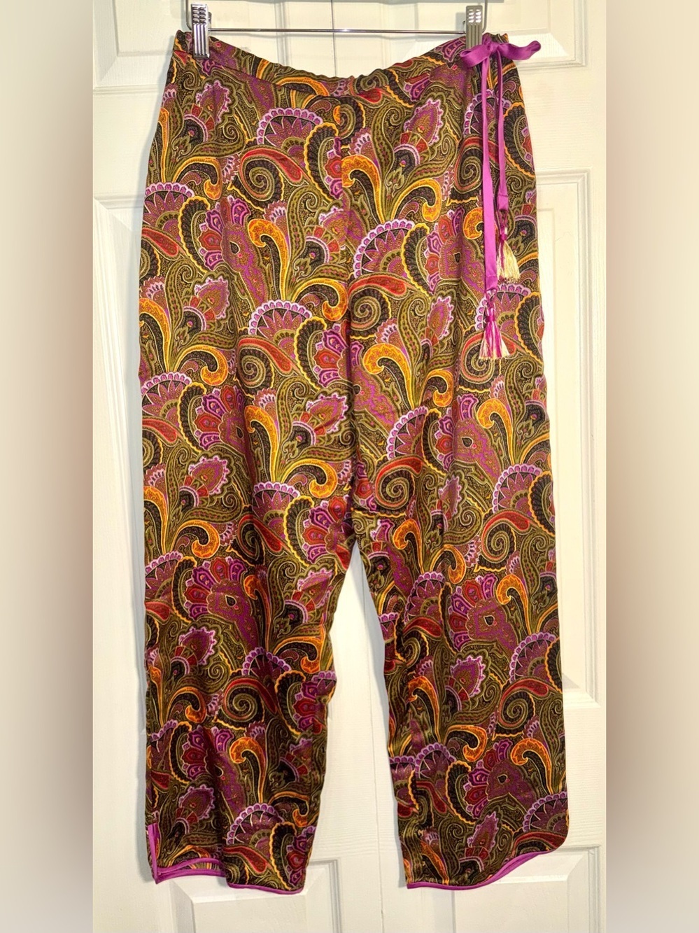 Natori Paisley Cropped Lounge Pants Tassel Tie Boho Resort Medium